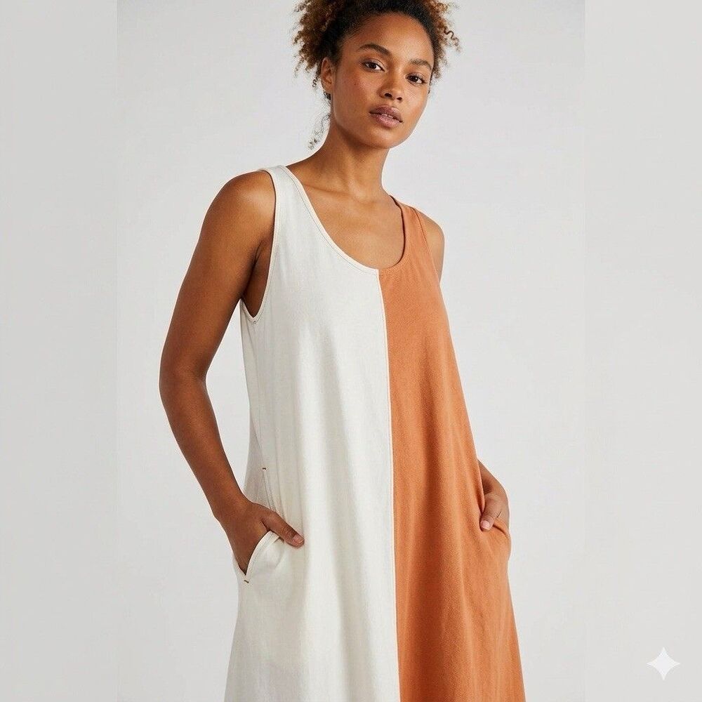 Free People free-est Colorblock Maxi Dress Rust White Sleeveless Pockets XS